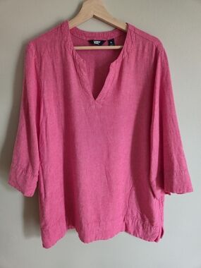 Lands’ End Linen Blend Tunic Top XL Pink Split Neck 3/4 Sleeve Pockets Boho